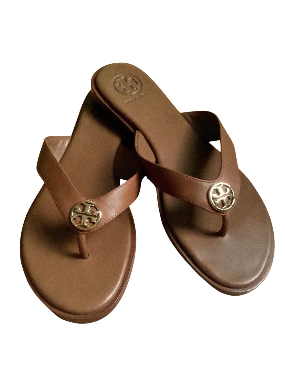 Tory Burch Brown Leather Logo Thong Sandals, Size 5M